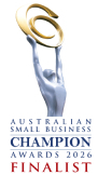 Award badge featuring a gold trophy with a blue ribbon, labeled 'Australian Small Business Champion Awards 2020 Finalist'