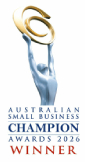 Gold trophy with a blue ribbon displaying 'Australian Small Business Champion Award 2026 Winner'.