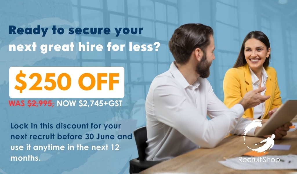 Promo banner offering $250 OFF with two professionals at a desk in a bright office; large orange $250 OFF badge and Recruit Shop logo in the corner.